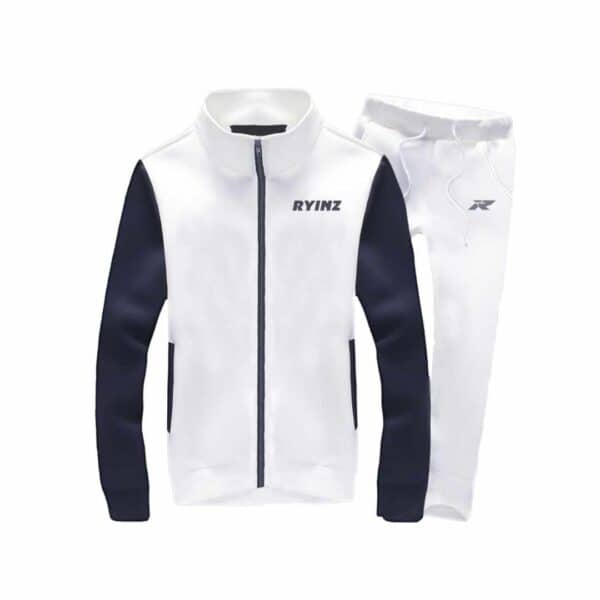 White & Navy Men’s Tracksuit by RYINZ | Minimalist Full-Zip Jacket & Joggers Set | Clean Custom Activewear for Sport