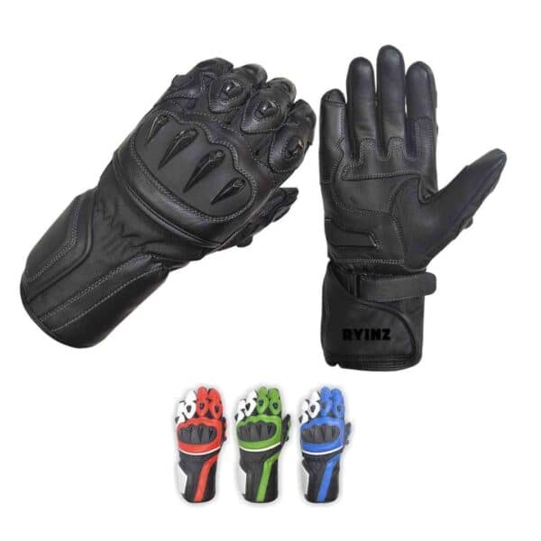 RYINZ Black Riding Gloves for Wholesale & Retail with Carbon Knuckle Armor, Mesh Back & Reinforced Leather Palm - Image 2