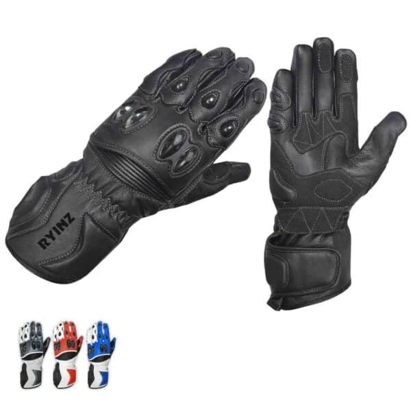 RYINZ Black Riding Gloves for Wholesale & Retail with Carbon Knuckle Armor, Mesh Back & Reinforced Leather Palm - Image 4