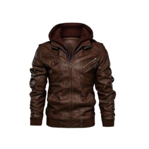 RYINZ Men’s Brown Faux Leather Bomber Jacket with Hoodie – Streetwear Moto Style with Zipper & Snap Pockets