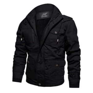 RYINZ Men's All-Black Tactical Field Jacket – Multi-Pocket Windbreaker with Hood for Outdoor, Work & Streetwear